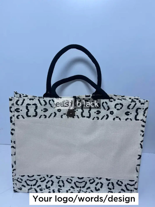 Buttoned Ankara tote jute bag - A3 Black tribal print