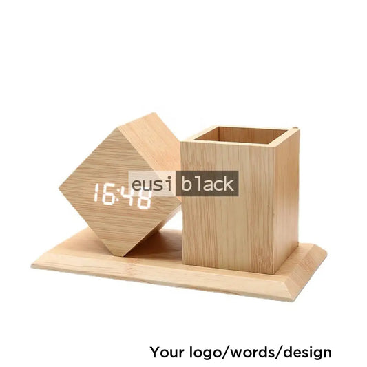 Digital clock wooden desk organizer - Tilted block / White wood