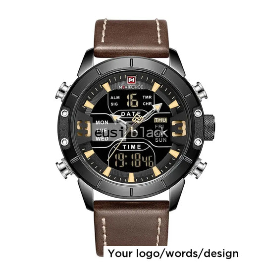 Dual time daily date leather watch Dark brown