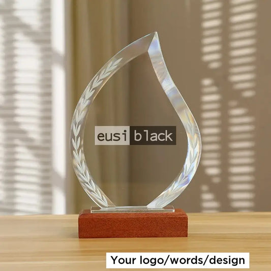 Flame Crystal Award With Wooden Base