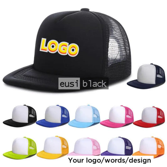 Flat brim trucker hat