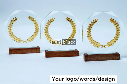 Patterned octagonal crystal award wood base