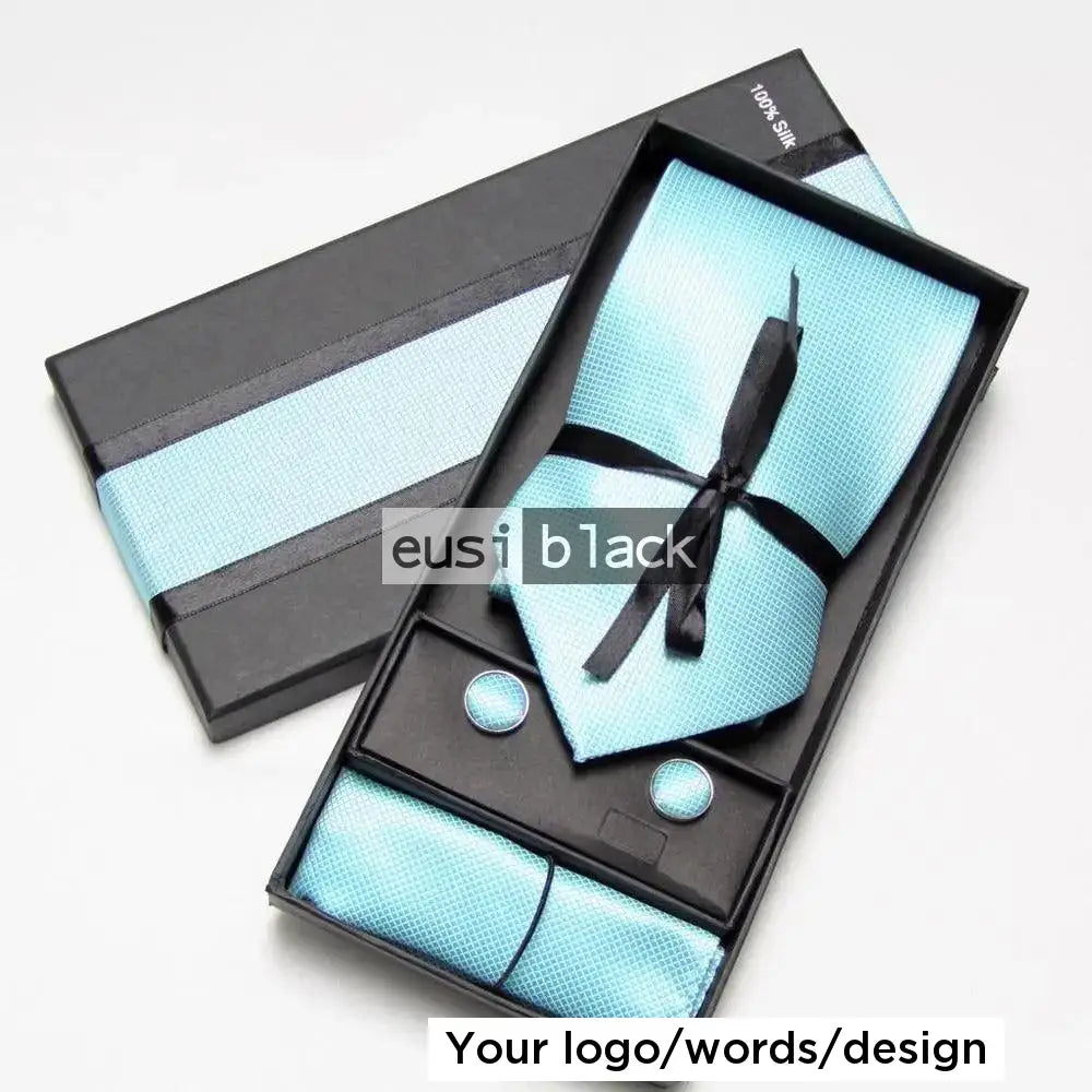 Plain checkered neck tie set Turquoise