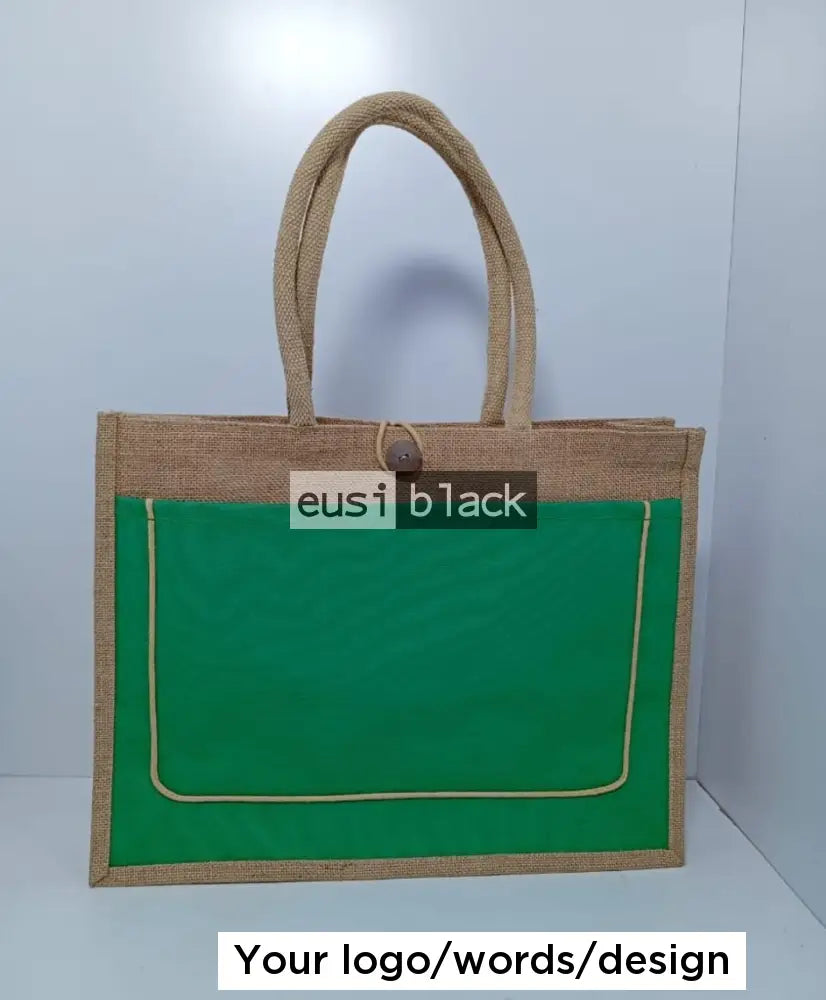 Threaded & buttoned tote jute bag Green / A5 portrait