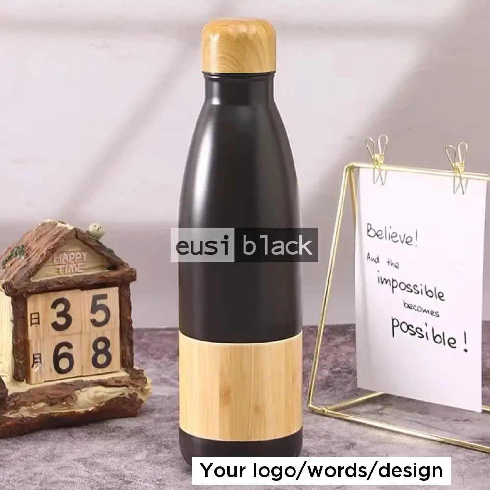 Wooden patched thermal bottle Black