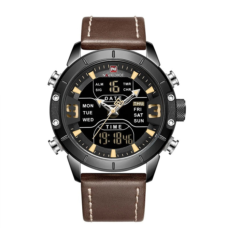 Dual time daily date leather watch