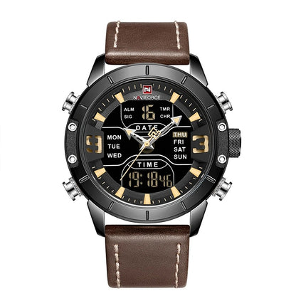 Dual time daily date leather watch