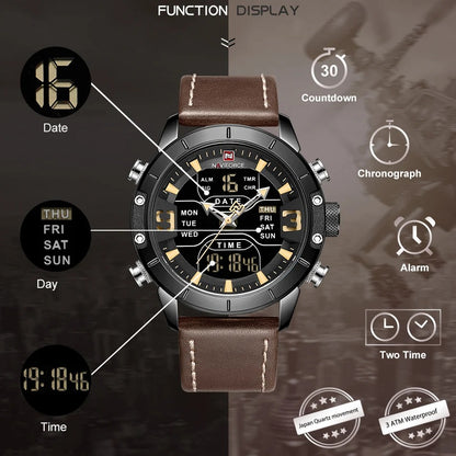 Dual time daily date leather watch