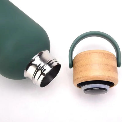 Wooden cap and base thermal bottle