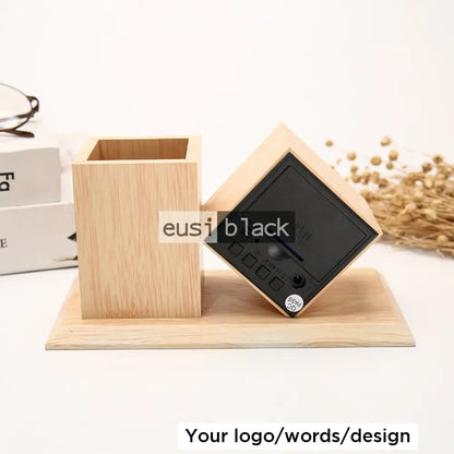 Digital clock wooden desk organizer