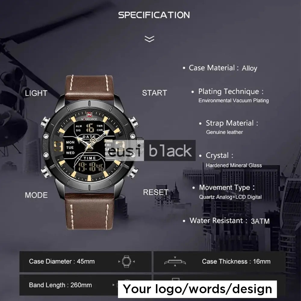 Dual time daily date leather watch