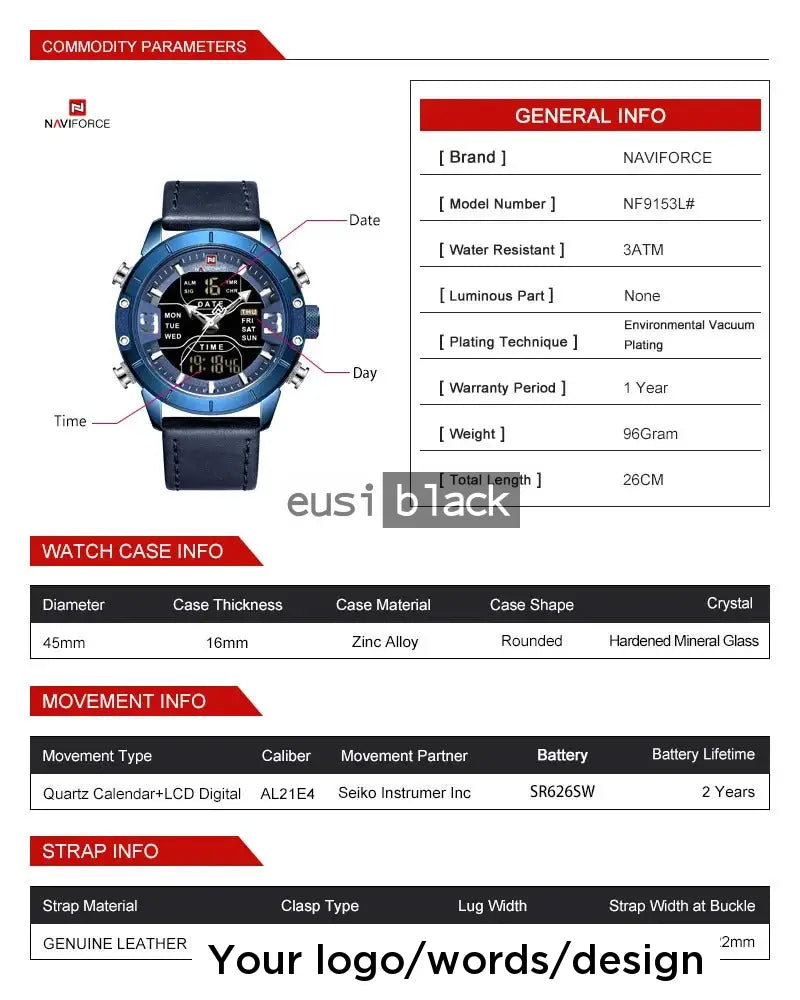 Dual time daily date leather watch