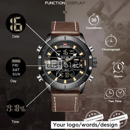 Dual time daily date leather watch