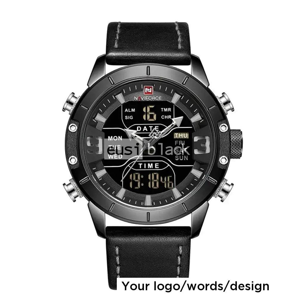 Dual time daily date leather watch Black