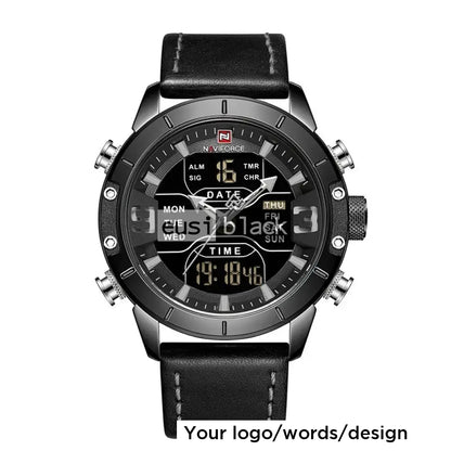 Dual time daily date leather watch Black