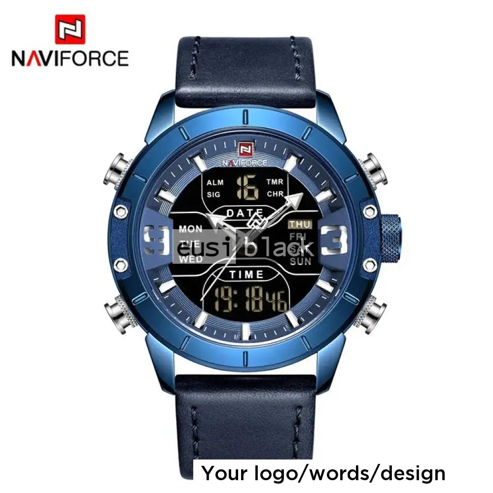Dual time daily date leather watch Blue