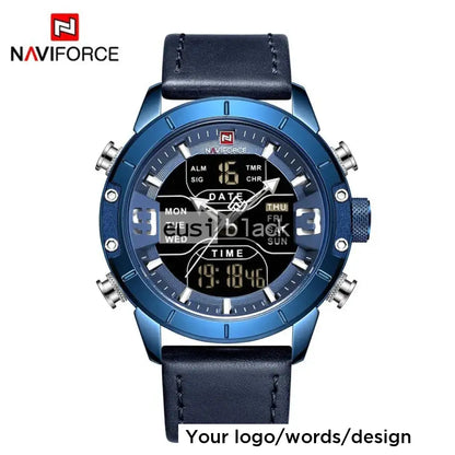 Dual time daily date leather watch Blue
