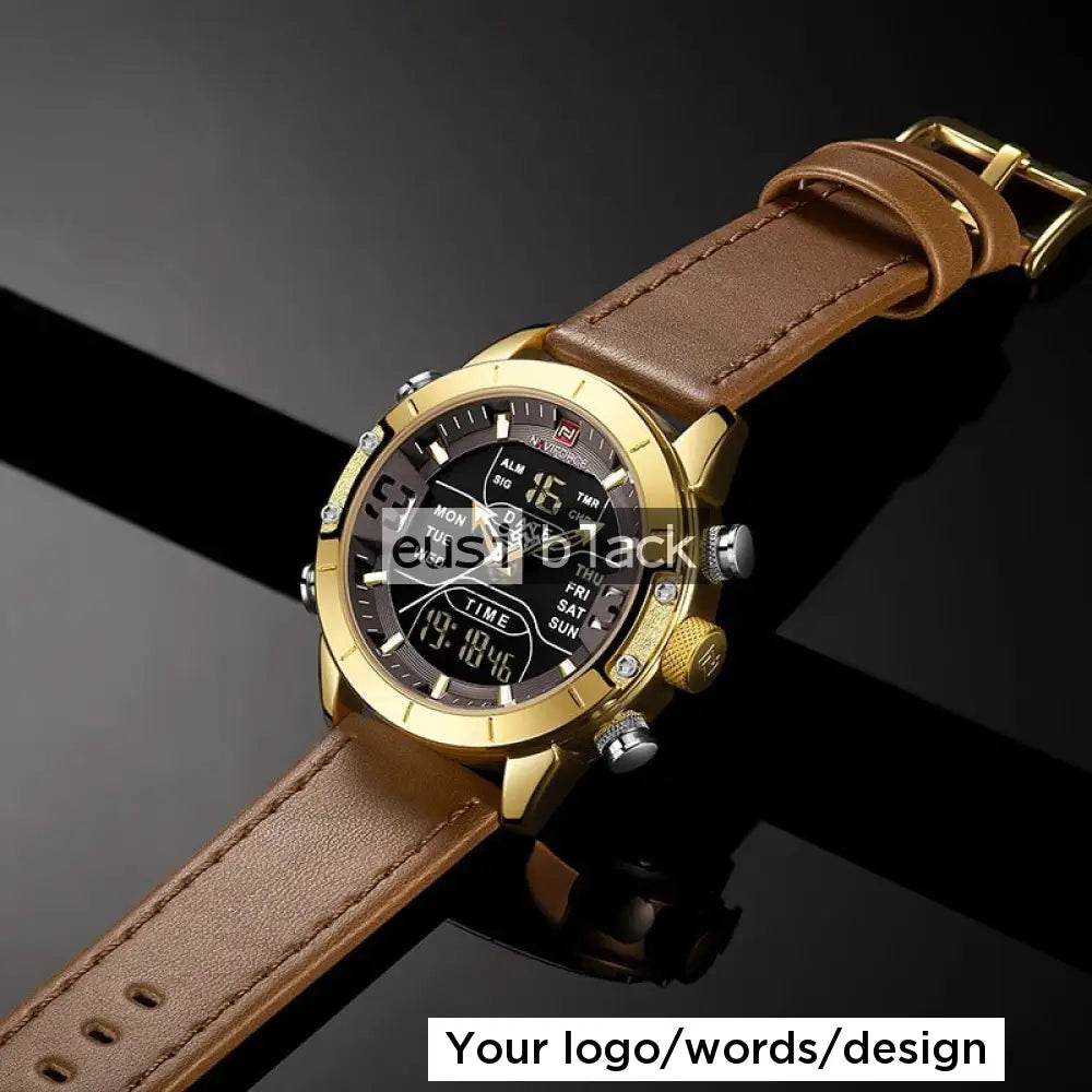 Dual time daily date leather watch Brown