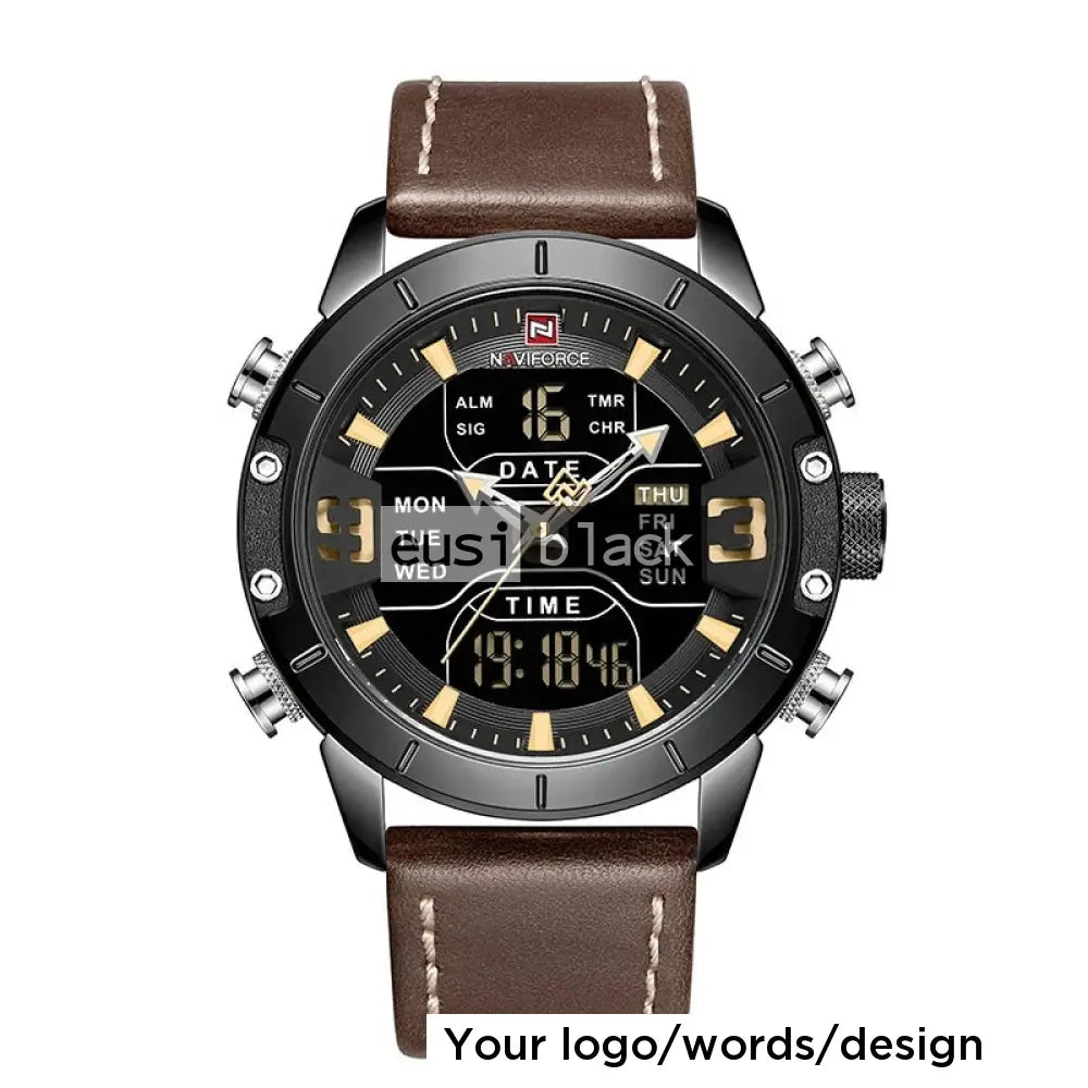 Dual time daily date leather watch Dark brown