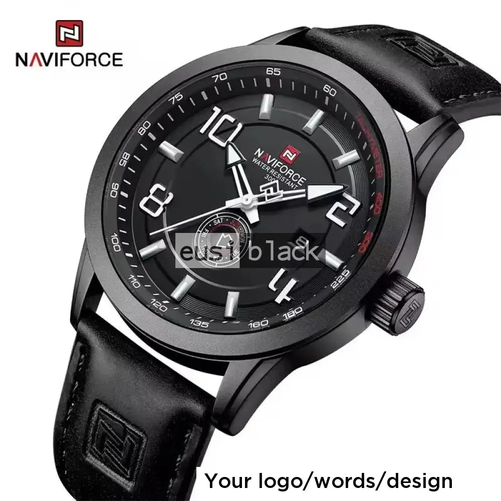 Leather watch with compass Black