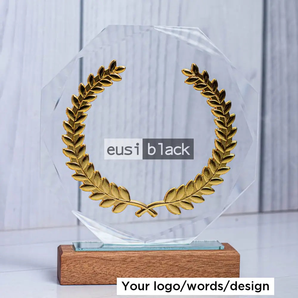 Patterned octagonal crystal award wood base