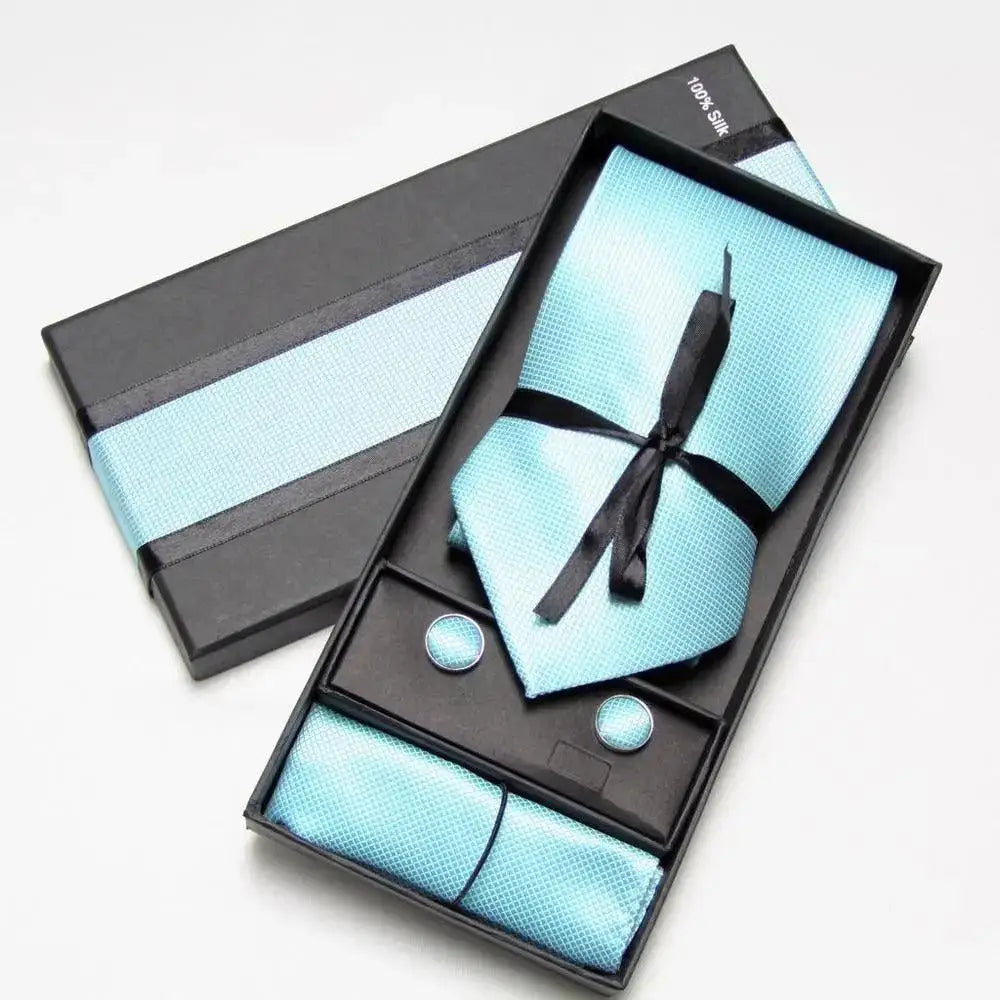 Plain checkered neck tie set Turquoise