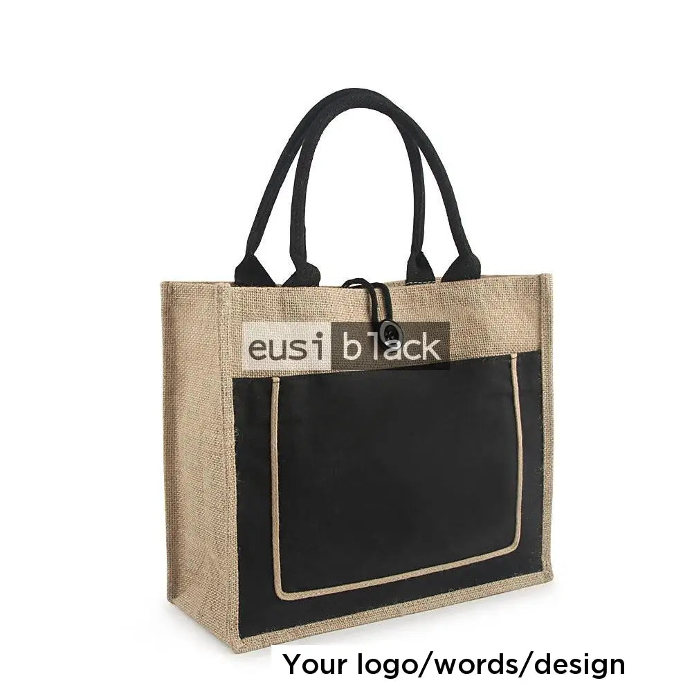 Buttoned & layered tote jute bag Black / A5 portrait