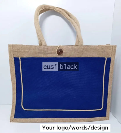 Threaded & buttoned tote jute bag Blue / A5 portrait