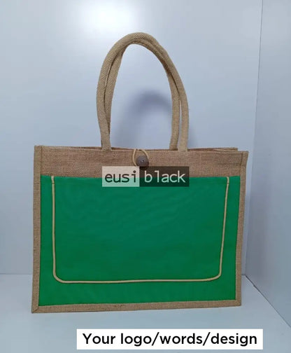 Threaded & buttoned tote jute bag Green / A5 portrait