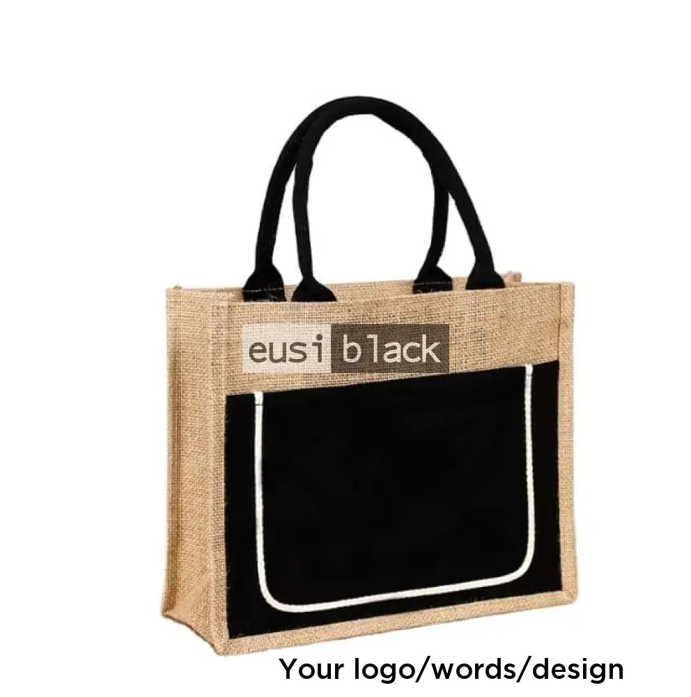 Threaded & zipped tote jute bag - Black / A5 portrait