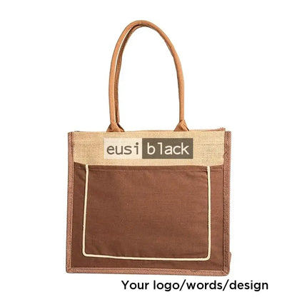 Threaded & zipped tote jute bag - Brown / A5 portrait