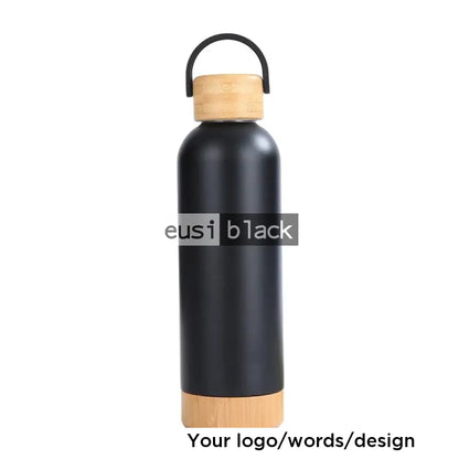 Wooden cap and base thermal bottle Black