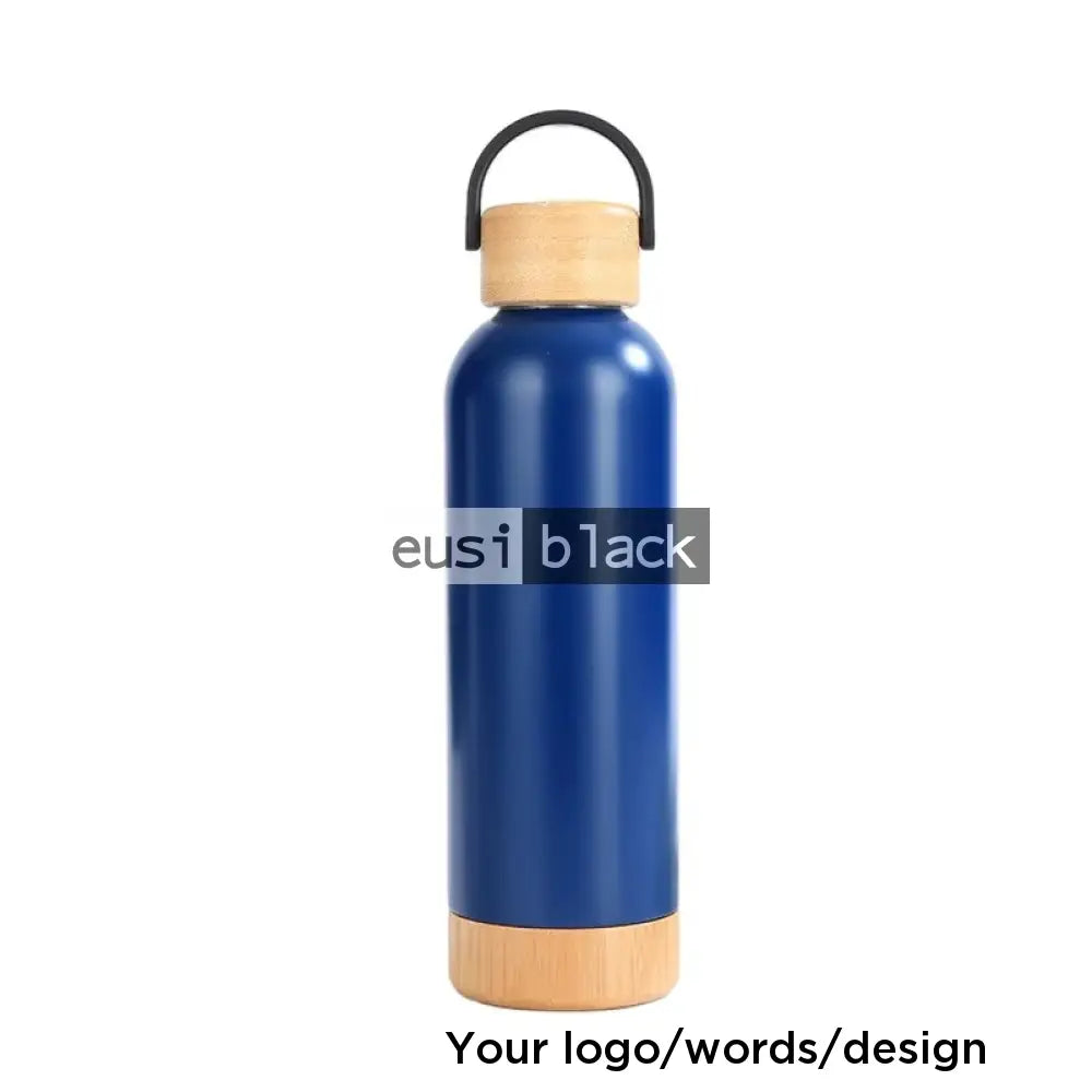 Wooden cap and base thermal bottle Blue