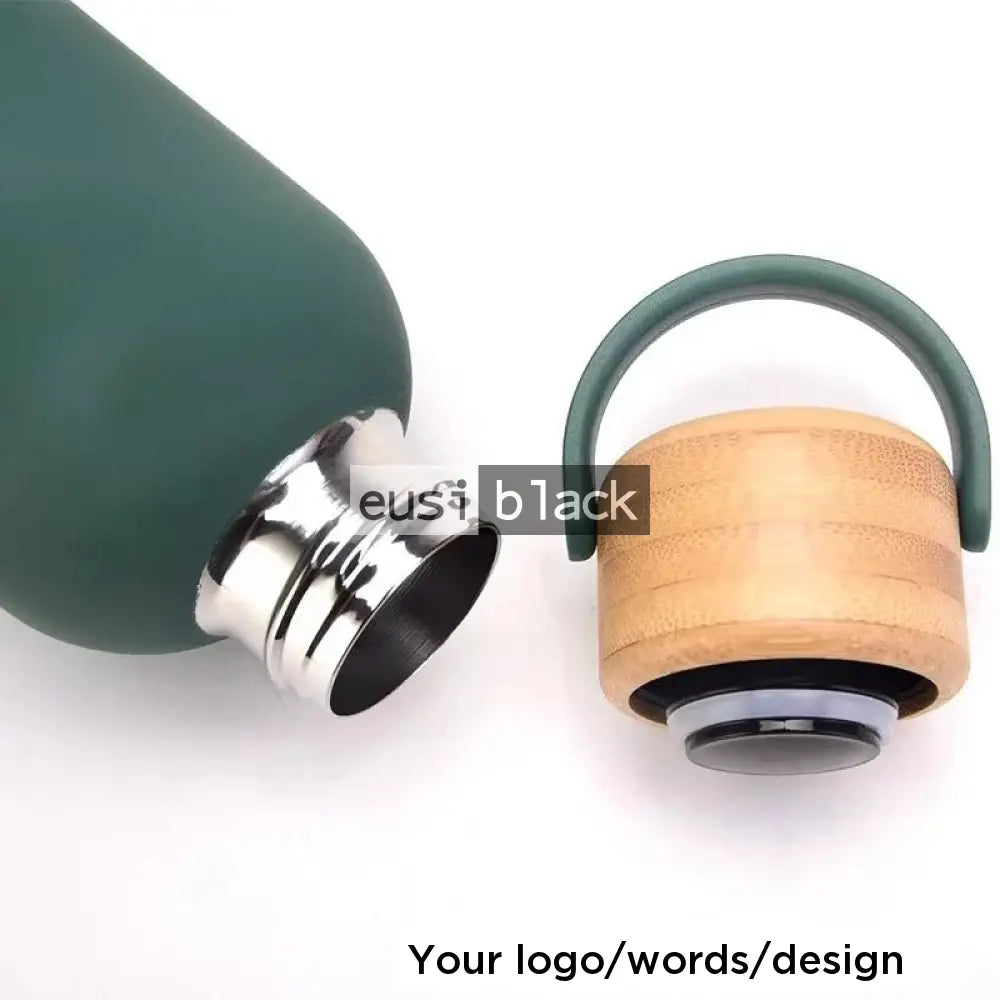 Wooden cap and base thermal bottle Green